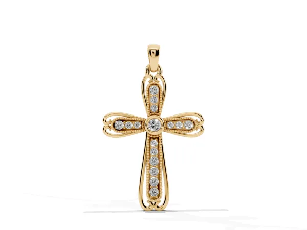 Pavé Round Diamond Cross Pendant with Bezel Setting Yellow gold