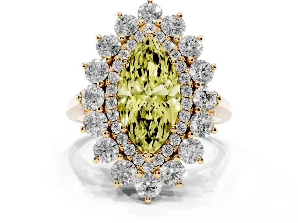 Fancy Yellow Marquise Cut Diamond Floral Double Halo Engagement Ring with Prong Setting Yellow gold