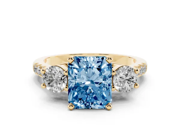 Fancy Blue Three-Stone Radiant Cut Diamond Pavé Band with Four-Prong Setting Yellow gold