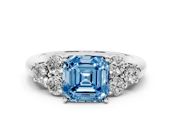 Fancy Blue Asscher Cut Cut Diamond Cluster Ring with Round Accent Stones and Prong Setting on a Classic Band Platinum