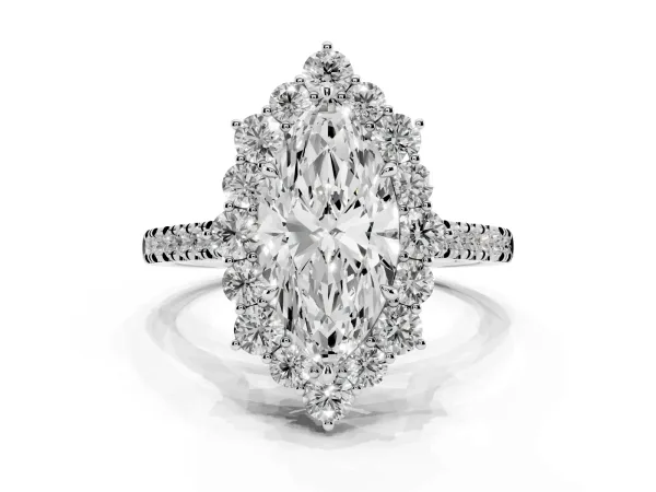 Marquise Cut Halo Diamond Ring with Pavé Band and Prong Setting Platinum