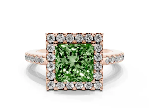Fancy Green Princess Cut Diamond Pavé Halo Ring with Four-Prong Setting Rose gold