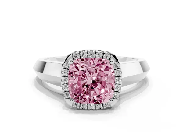 Fancy Pink Cushion Cut Halo Diamond Ring with Cathedral Band and Four-Prong Setting White gold