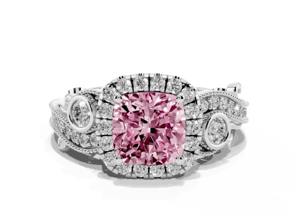 Fancy Pink Cushion Cut Halo Diamond Ring with Milgrain and Bezel Accents on a Split Shank Band Platinum