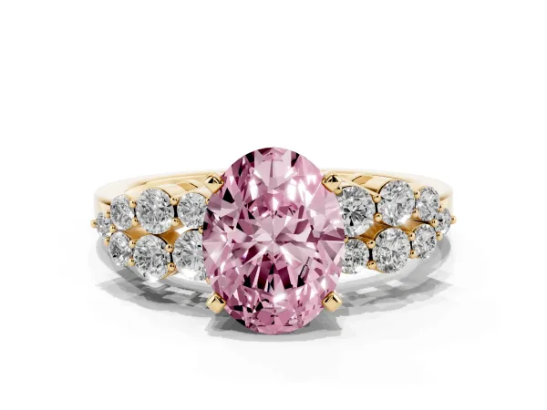Fancy Pink Oval Cut Cluster Diamond Engagement Ring with Pavé Band and Four-Prong Setting Yellow gold