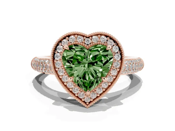 Fancy Green Heart Cut Cut Halo Diamond Pave Band with Four-Prong Setting Rose gold