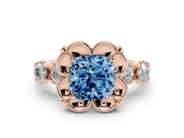 Fancy Blue Cushion Cut Cut Diamond Floral Halo Engagement Ring with Shared Prong Setting Rose gold