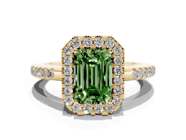 Fancy Green Emerald Cut Diamond Pavé Halo Ring with Four-Prong Setting Yellow gold