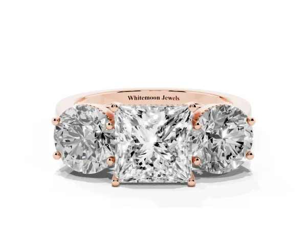 Three-Stone Princess Cut Diamond Engagement Ring with Prong Setting on a Classic Band Rose gold