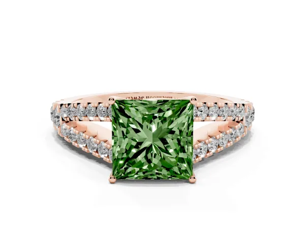 Fancy Green Princess Cut Diamond Split Shank Engagement Ring with Round Pavé and Prong Setting Rose gold