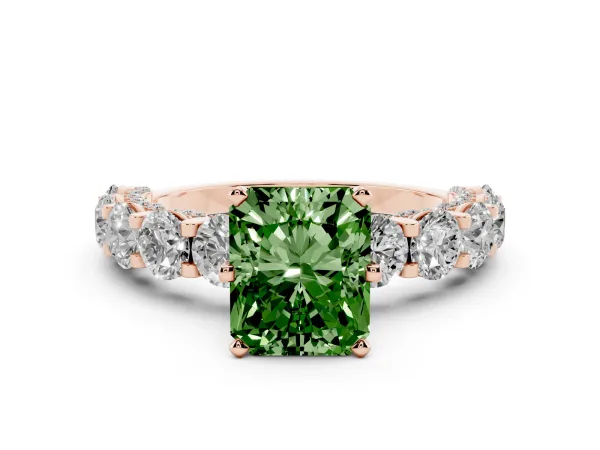 Fancy Green Radiant Cut Diamond Side Stone Engagement Ring with Four-Prong Setting Rose gold