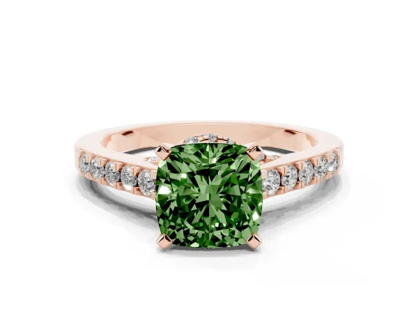 Fancy Green Cushion Cut Diamond Solitaire Ring with Crossover Gallery and Round Pavé Band Rose gold