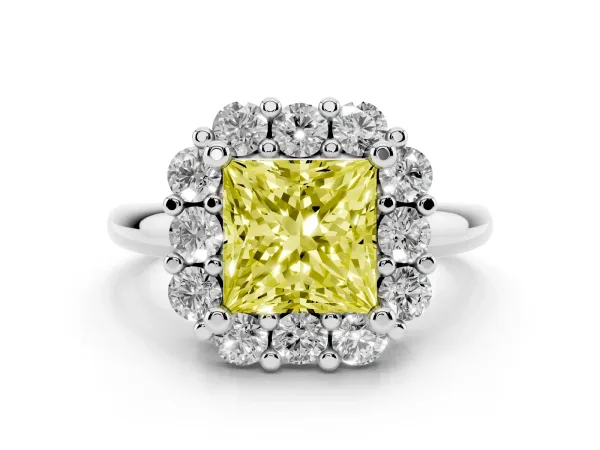Fancy Yellow Princess Cut Halo Cluster Diamond Engagement Ring with Prong Setting and Polished Band Platinum