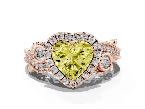 Fancy Yellow Heart Cut Halo Diamond Ring with Milgrain and Bezel Accents on a Split Shank Band Rose gold