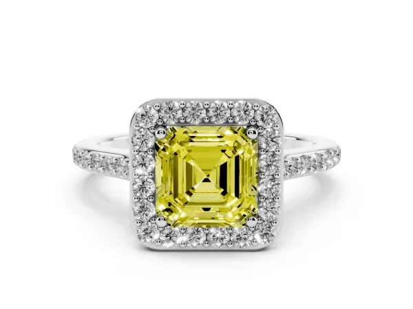 Fancy Yellow Asscher Cut Diamond Halo Engagement Ring with Round Pavé Shoulders and Prong Setting White gold
