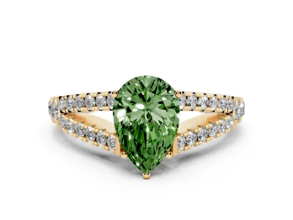 Fancy Green Pear Cut Diamond Split Shank Engagement Ring with Round Pavé and Prong Setting Yellow gold