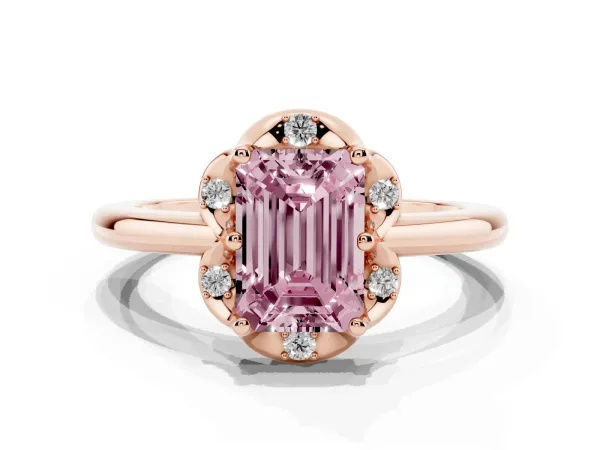 Fancy Pink Emerald Cut Halo Diamond Ring with Round Cluster Setting, Solitaire Band, and Four-Prong Setting Rose gold