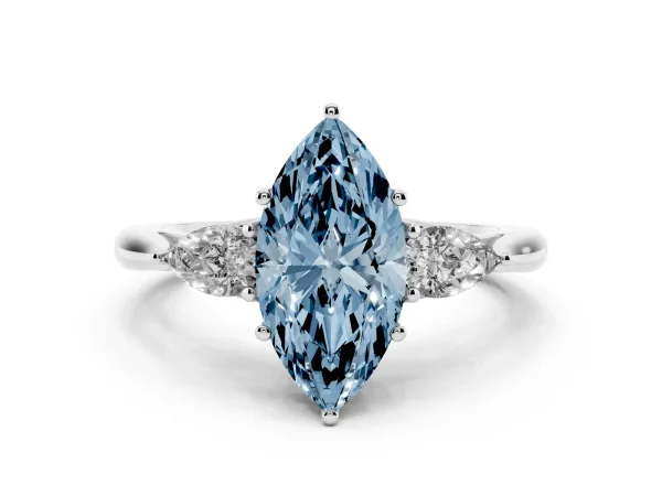 Fancy Blue Three-Stone Marquise Cut Brilliant Diamond Solitaire Ring with Tapered Band and Four-Prong Setting Platinum