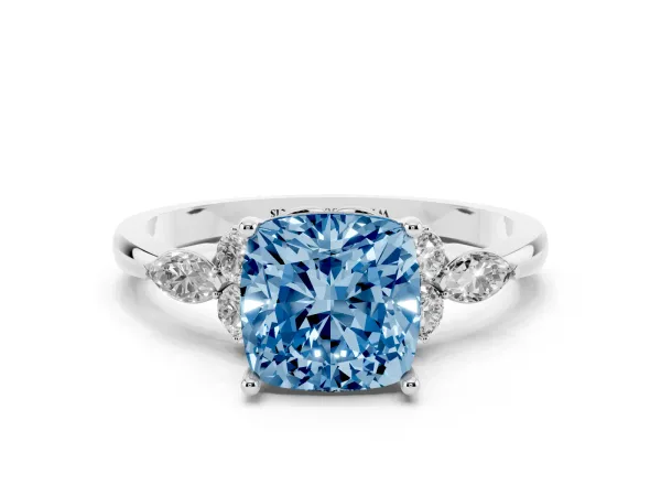 Fancy Blue Cushion Cut Brilliant Diamond Solitaire Ring with Pear Side Stones and Four-Prong Setting White gold