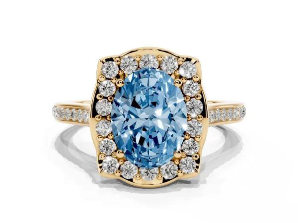 Fancy Blue Oval Cut Halo Round Diamond Pave Band with Four-Prong Setting Yellow gold