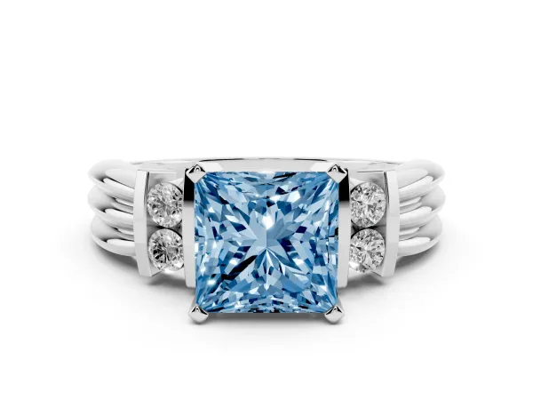 Fancy Blue Princess Cut Cut Three-Stone Channel Set Ring with Bar Prongs White gold