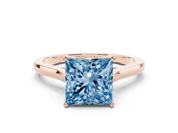 Fancy Blue Princess Cut Solitaire Heart Prong Engagement Ring with Tapered Band Rose gold