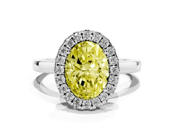 Fancy Yellow Oval Cut Halo Diamond Solitaire with Pavé Band and Four-Prong Setting White gold