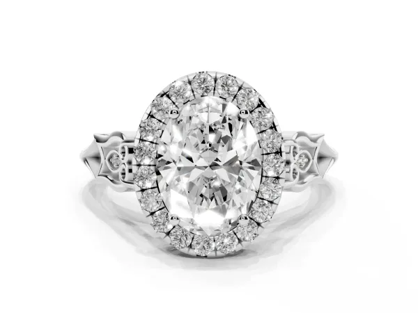 Oval Cut Halo Diamond Engagement Ring with Filigree Band and Four-Prong Setting Platinum