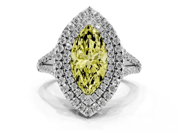 Fancy Yellow Marquise Cut Diamond Double Halo Ring with Pavé Band and Prong Setting White gold