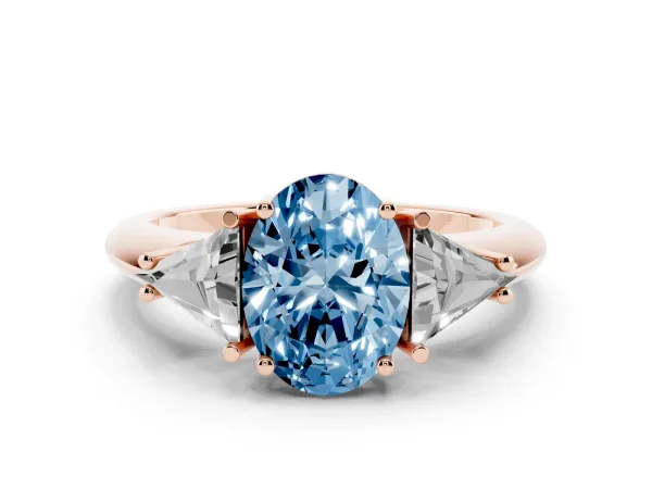 Fancy Blue Three-Stone Oval Cut Diamond Engagement Ring with Trillion Side Stones and Prong Setting Rose gold