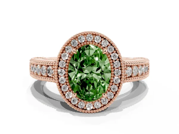 Fancy Green Oval Cut Cut Halo Diamond Ring with Pavé Band and Four-Prong Setting Rose gold
