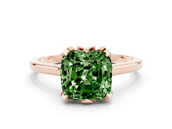 Fancy Green Cushion Cut Diamond Solitaire Ring with Flower Prong Setting and Classic Band Rose gold