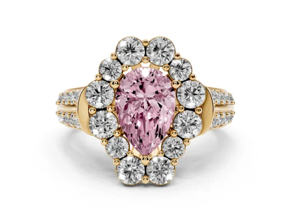 Fancy Pink Pear Cut Halo Diamond Engagement Ring with Split Shank and Prong Setting Yellow gold