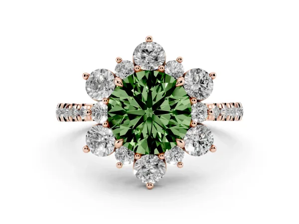 Fancy Green Round Cut Diamond Floral Halo Ring with Round Pavé Band and Prong Setting Rose gold