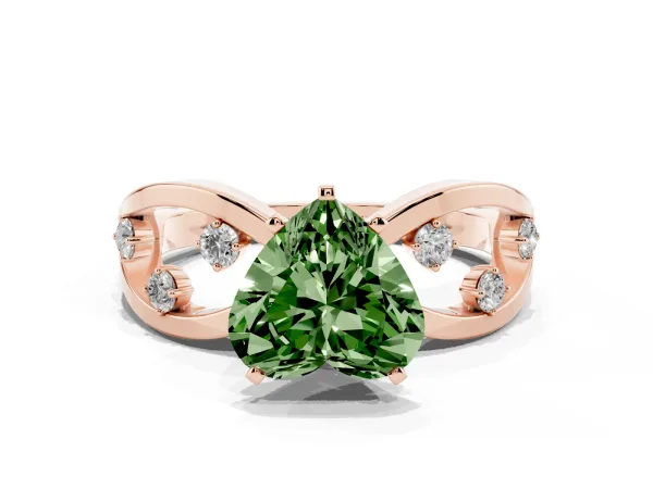 Fancy Green Heart Cut Cut Solitaire Diamond with Side Stones on Criss-Cross Band and Four-Prong Setting Rose gold
