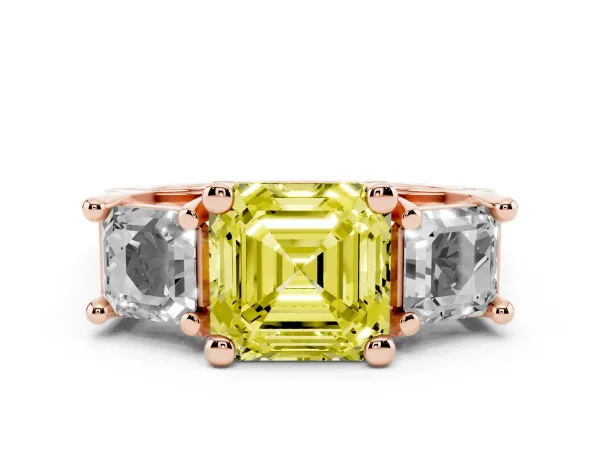 Fancy Yellow Asscher Cut Diamond Three-Stone Ring with Channel Set Band and Four-Prong Setting Rose gold