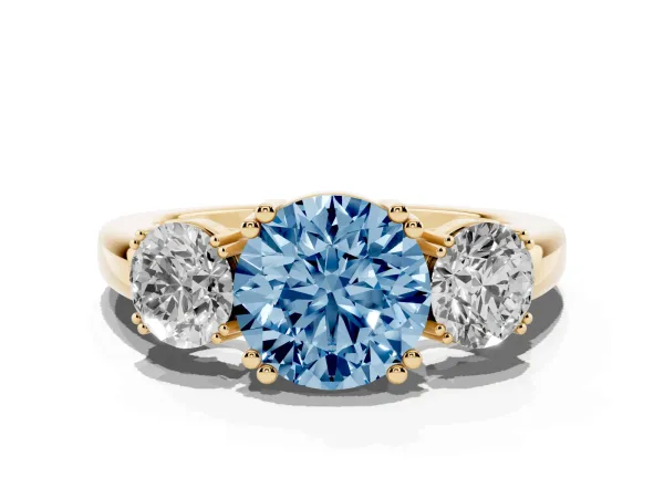 Fancy Blue Three-Stone Round Cut Cut Diamond Ring with Channel Set Band and Four-Prong Setting Yellow gold