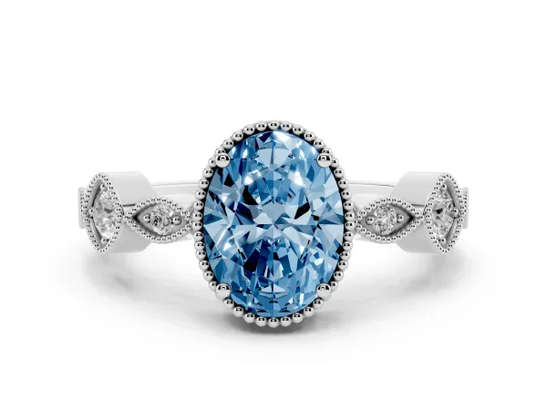 Fancy Blue Oval Cut Diamond Vintage Milgrain Ring with Round Stations Platinum