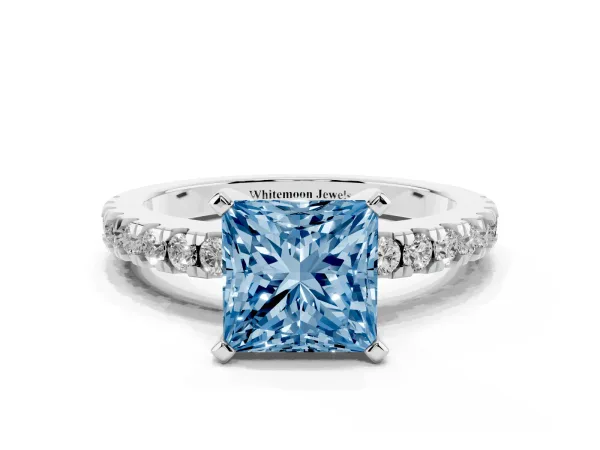 Fancy Blue Princess Cut Solitaire Diamond with Pavé Band and Four-Prong Setting White gold