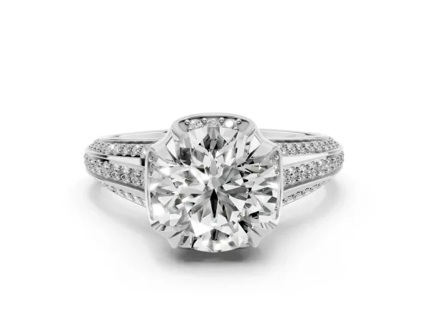Round Cut Solitaire Pave Split Shank Ring with Four-Prong Setting Platinum