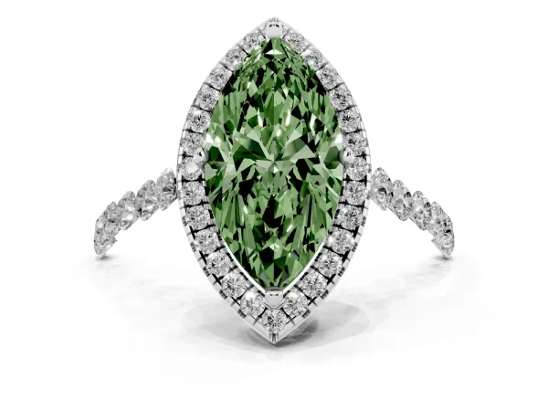 Fancy Green Marquise Cut Halo Pavé Diamond Engagement Ring with Four-Prong Setting Platinum