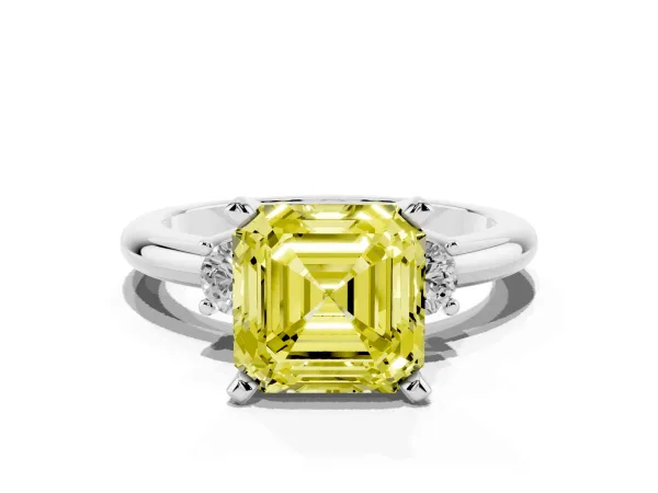 Fancy Yellow Three-Stone Asscher Cut Cut Diamond Solitaire with Prong Setting and Classic Band White gold