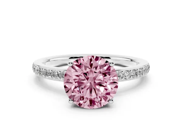 Fancy Pink Round Cut Cut Diamond Pavé Band Ring with Four-Prong Setting White gold