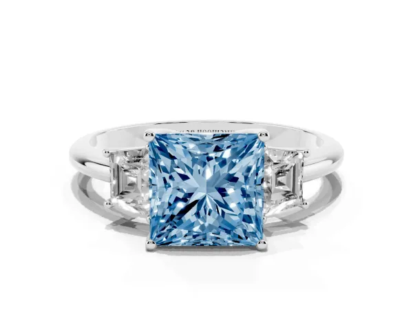 Fancy Blue Princess Cut Diamond Three-Stone Ring with Trapezoid Side Stones and Prong Setting Platinum