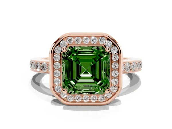 Fancy Green Asscher Cut Diamond Halo Ring with Bezel Frame and Pavé Band Rose gold