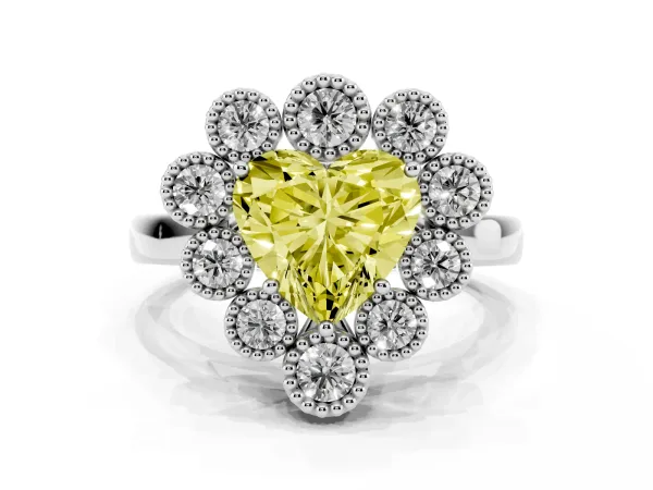 Fancy Yellow Heart Cut Halo Diamond Cluster Engagement Ring with Milgrain Bezel Setting and Solitaire Band White gold