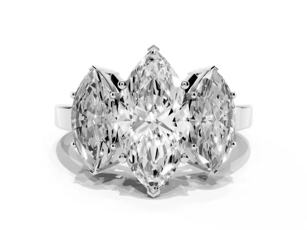 Three-Stone Marquise Cut Cut Diamond Engagement Ring with Flat Band and Four-Prong Setting White gold