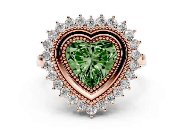 Fancy Green Heart Cut Halo Diamond Ring with Milgrain Edge and Round Prong Setting Rose gold