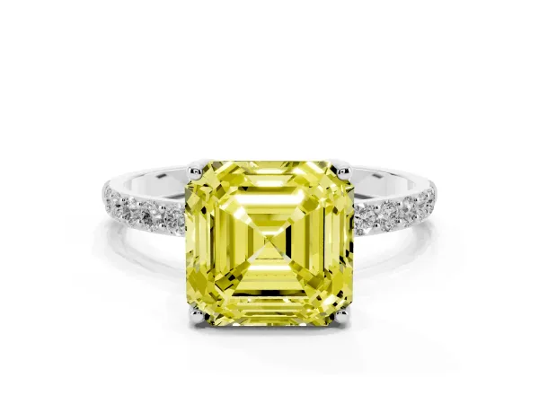 Fancy Yellow Asscher Cut Diamond Solitaire Engagement Ring with Round Pavé Band and Prong Setting White gold