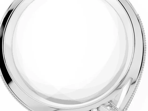 Emerald Cut Diamond Solitaire Ring with Milgrain Round Pavé Band and Prong Setting White gold